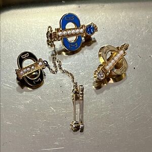 Betabrand Gold Bar Stud Earrings with Blue, Black, and Cream Enamel